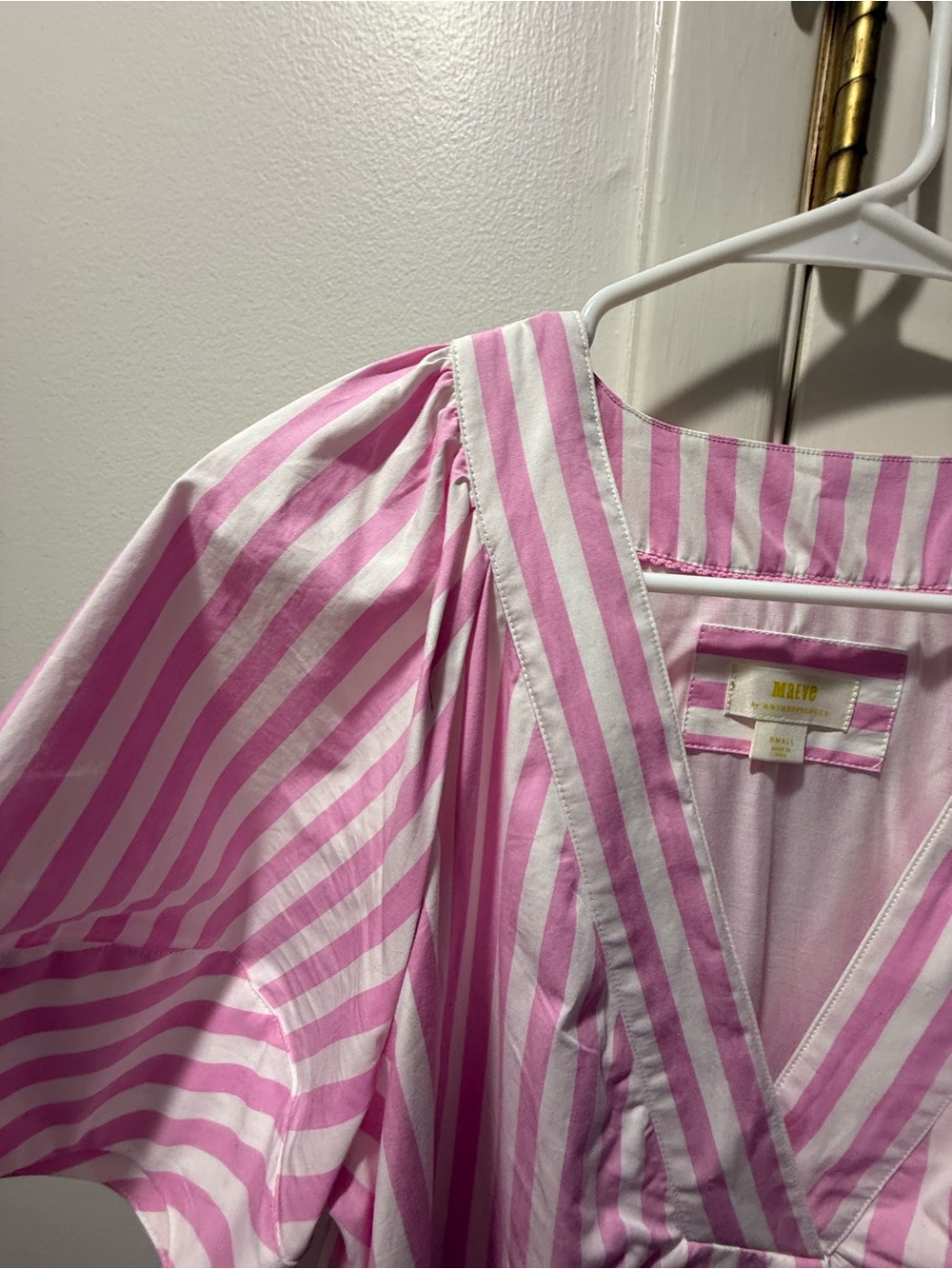 Maeve Pink and White Striped V‑Neck Maxi Shirtdress. Small - Picture 2 of 5